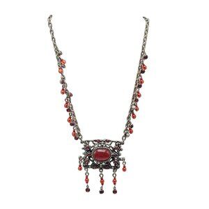 Vintage BOHO Silver Tone Filigree Necklace With Red Gemstone Dangling Beads
